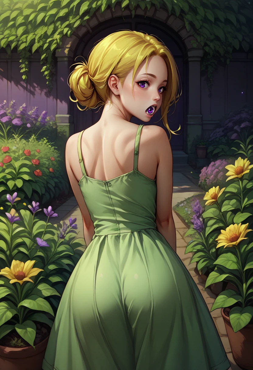 score_9, score_8_up, <lora:NSEyenom:1>  NSEyenom, open mouth, eye in mouth, 1girl, yellow hair, green sundress, from behind, purple background, garden, looking back, from behind, looking at the viewer