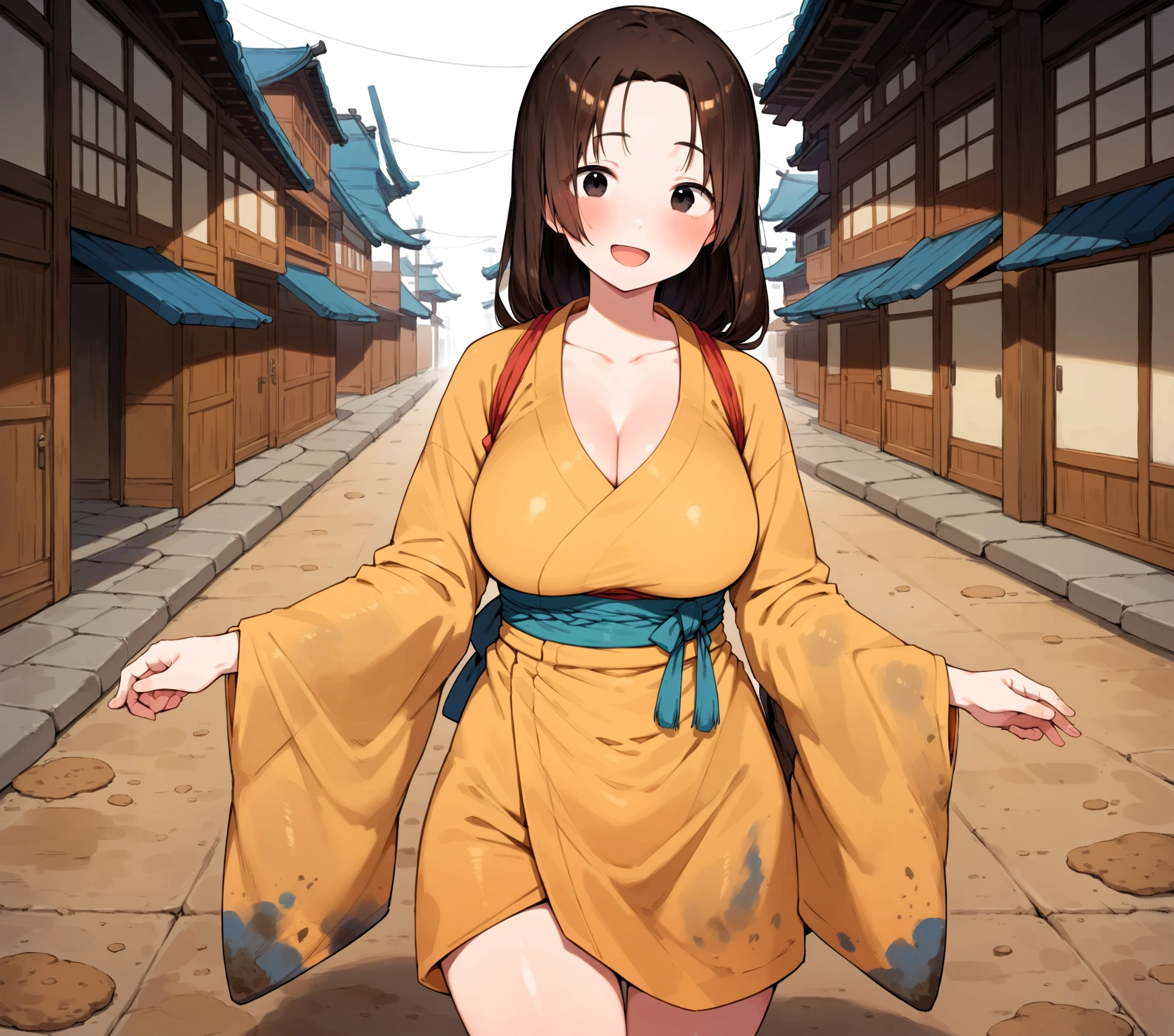 score_9, score_8_up, score_7_up, anime_style, 2D, Hina, 1girl, solo, long hair, brown hair, black eyes, breasts, looking at viewer, blush, smile, open mouth, bangs, large breasts, dirt floor, narrow street, old japanese background, ancient japanese buildings, stall on the floor, long sleeves, cleavage, standing, collarbone, :d, thighs, cowboy shot, japanese clothes, wide sleeves, kimono, parted bangs, sash, forehead, poor girl