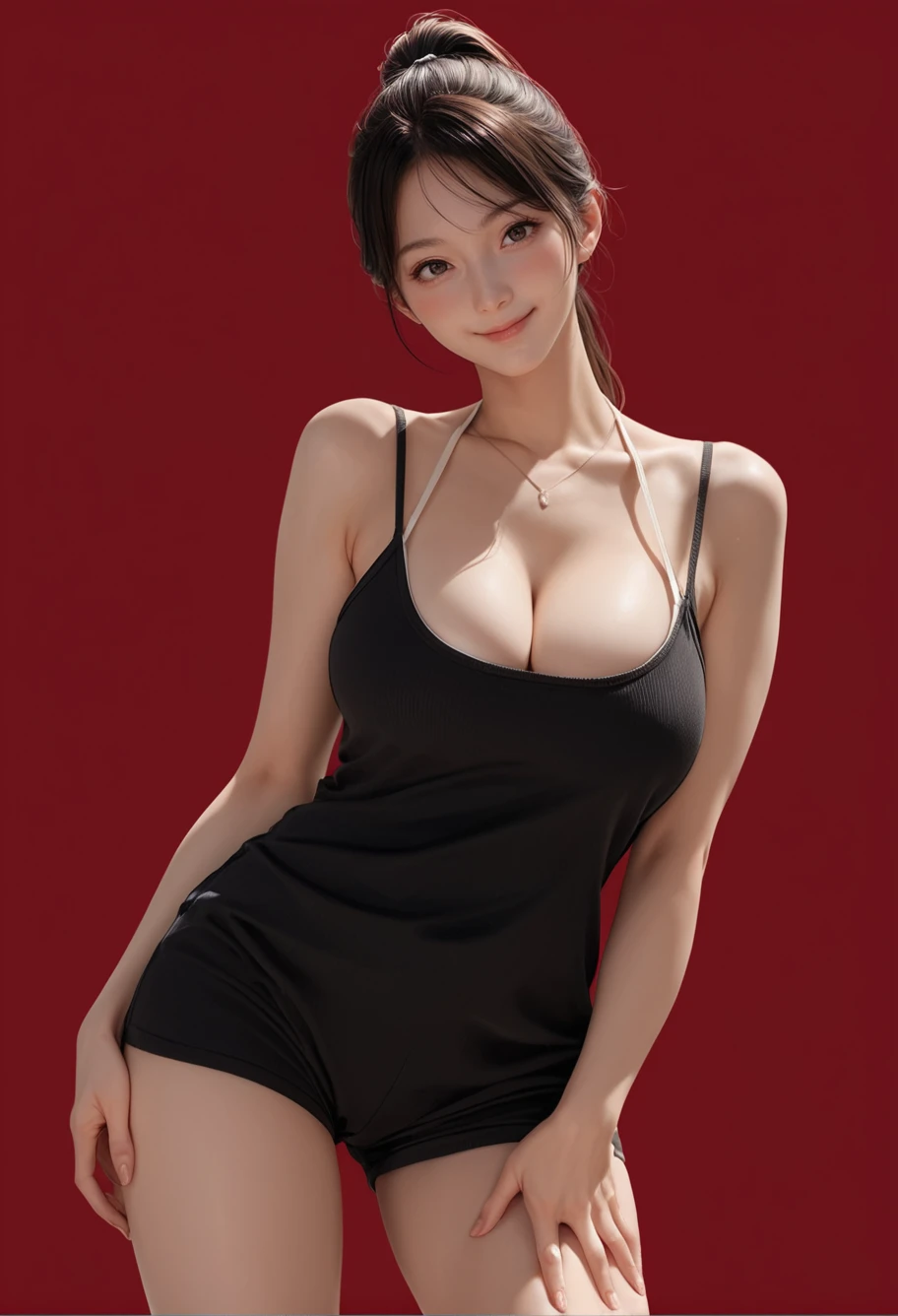 1girl,cowboy shot,red background,,ruanyi1045,camisole,spaghetti strap,
thigh gap,looking at viewer,ponytail,<lora:1045 Home wear 47_v1_pony:1>, score_9, score_8_up, score_7_up, score_6_up, score_9, score_8_up, score_7_up, score_6_up source_anime, blush, 1girl, seduce smile, perfect body , natural huge breasts