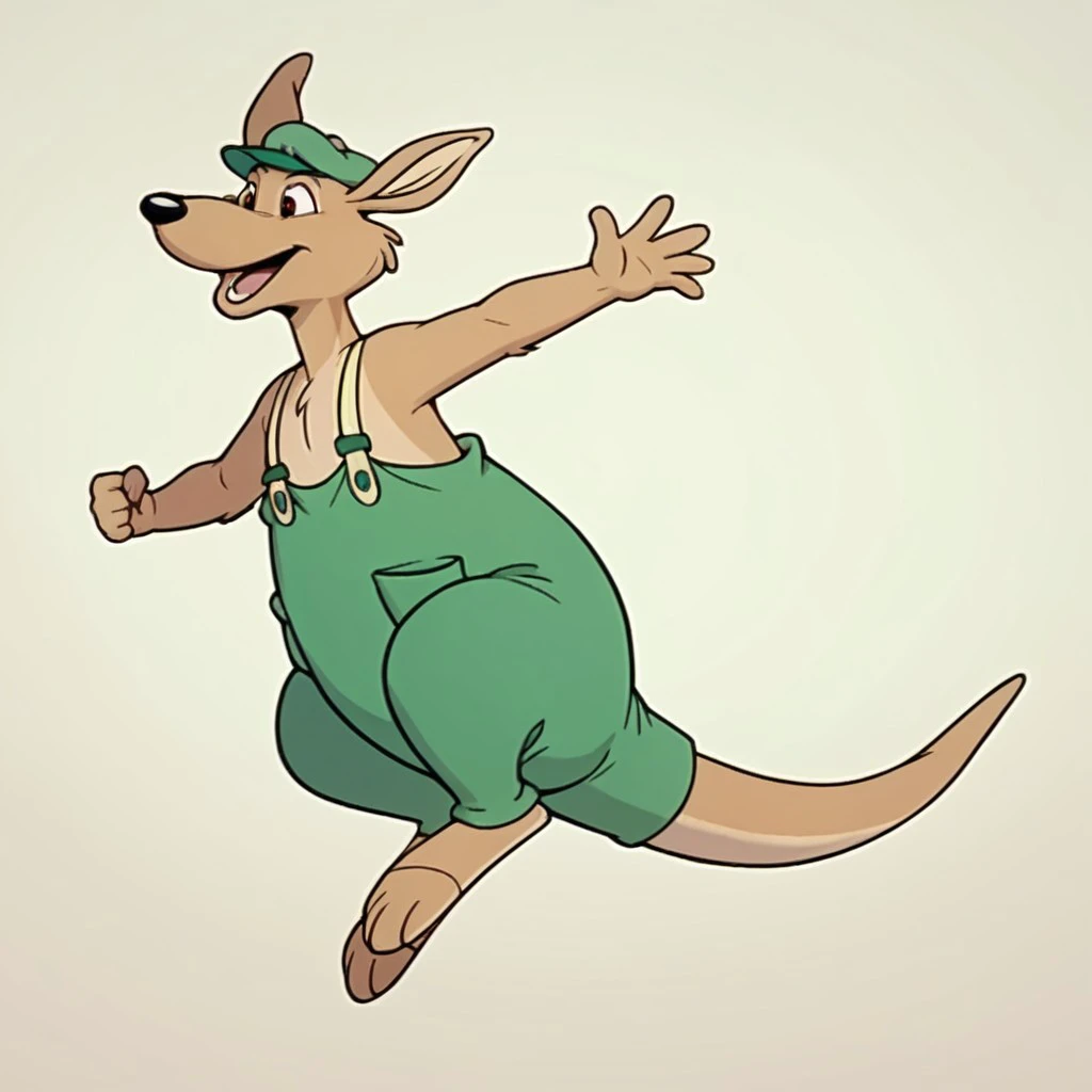 score_9, score_8_up, score_7_up, score_6_up, score_5_up, score_4_up, source_furry,Splodgebb, young anthro, male, kangaroo, tan fur, solo, 1boy,   full body, green cap, green overalls with suspenders, jumping, <lora:996a62a7-d042-4d2b-af3b-14b417492a5d:0.7>