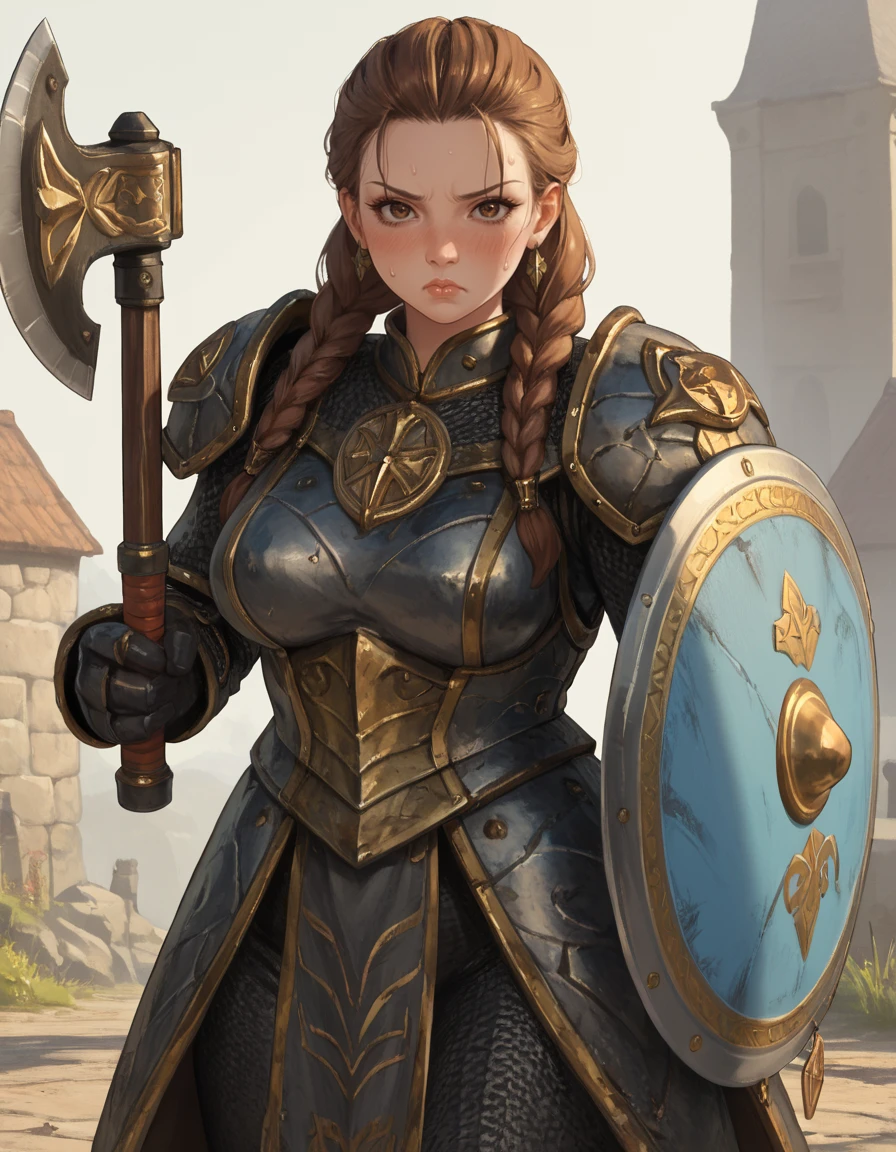 score_9, score_8_up, score_7_up,
IronBreaker, mature female, curvy, brown hair, braids, brown eyes, armor, holding axe, shield,
looking at viewer, frown, flushed cheeks, sweat,
 <lora:Ironbreaker_PonyXL:0.6>