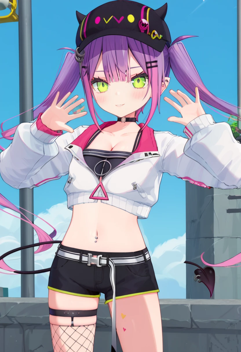 score_9,score_8_up, BREAK source_anime, masterpiece,  rating_explicit, anime_screencap, 1girl, solo, looking at viewer, tokoyami towa, towaA, 1girl, virtual youtuber, long hair, green eyes, purple hair, navel piercing, short shorts, twintails, hat, multicolored hair, fishnet thighhighs, demon tail, streaked hair, looking at viewer, black choker, fishnets, cropped jacket, single thighhigh, hair ornament, white jacket, midriff, hairclip, cleavage, pink hair, horned headwear, 