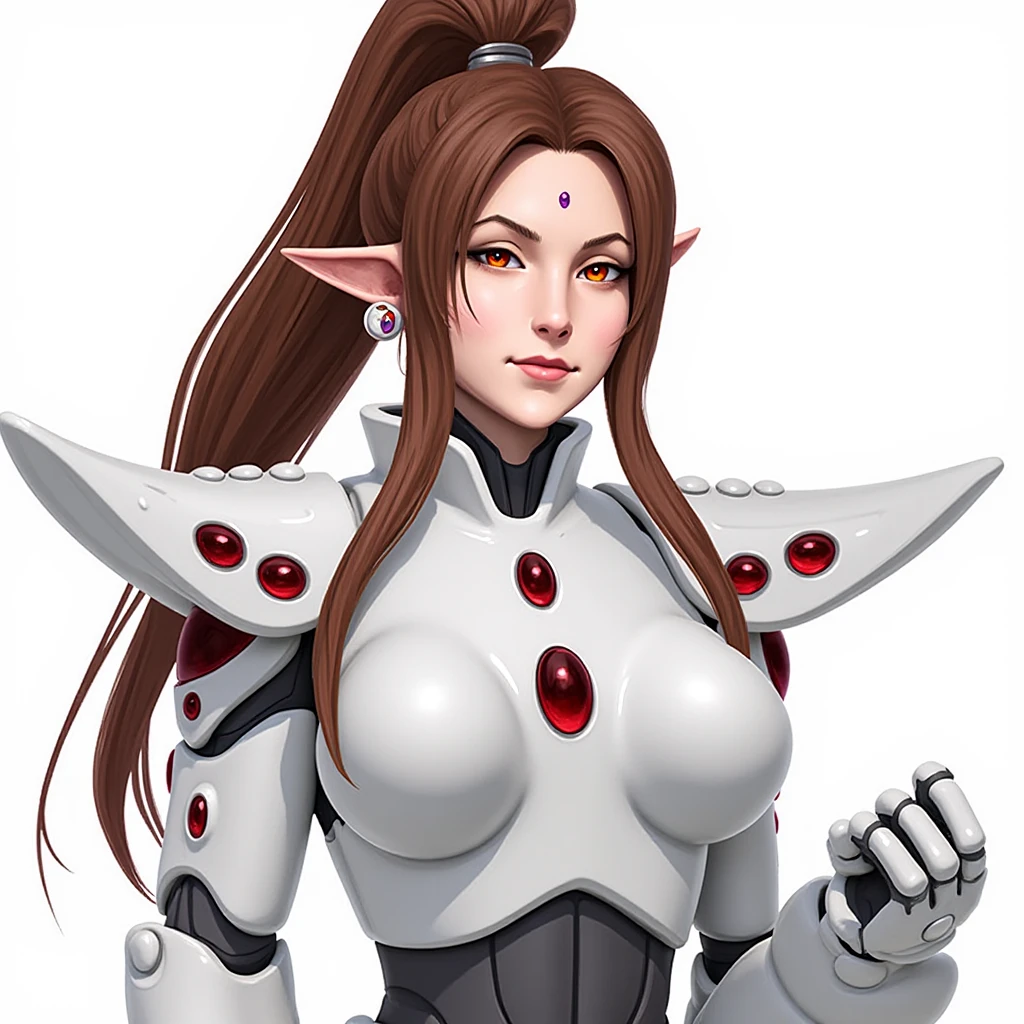 aeldari, asuryani, banshee, white banshee's armor, aeldari's shoulder armor, 1girl, solo, long hair, brown hair, ponytail, weapon, lips, gauntlets, clenched hand, pauldrons, breastplate, realistic, nose