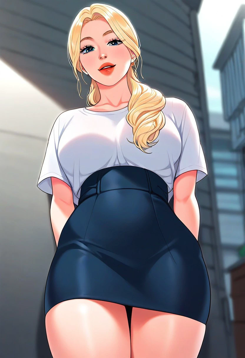 score_9, score_8_up, score_7_up, ASCII masterpiece, source_anime, BREAK, 1girl, solo, (( <lora:mi-yeon:1> , mi-yeon, thin waist, wide hips, beautiful skin, beautiful blue eyes, clear eyes, bright pupils, beautiful eyes, beautiful blonde hair, beautiful long hair, hair over shoulder, low ponytail, huge and shaggy breasts, natural beauty, extraordinary beautiful woman, attractive woman, super sexy woman, lustful body, sexy woman with seductive obscene body, sensual body, voluptuous body, sexy beauty, no piercings, no piercing, )), (beautiful sleeveless white shirt with blue edge and collar, green stone accessorie, blue pencil skirt, )) closed mouth, sexy pose, seducative smile, outside, mountain, looking at viewer, horny, seductive, hands behind back, standing, from below, cowboy shot, front view, closing up, leans forward, huge cleavage,