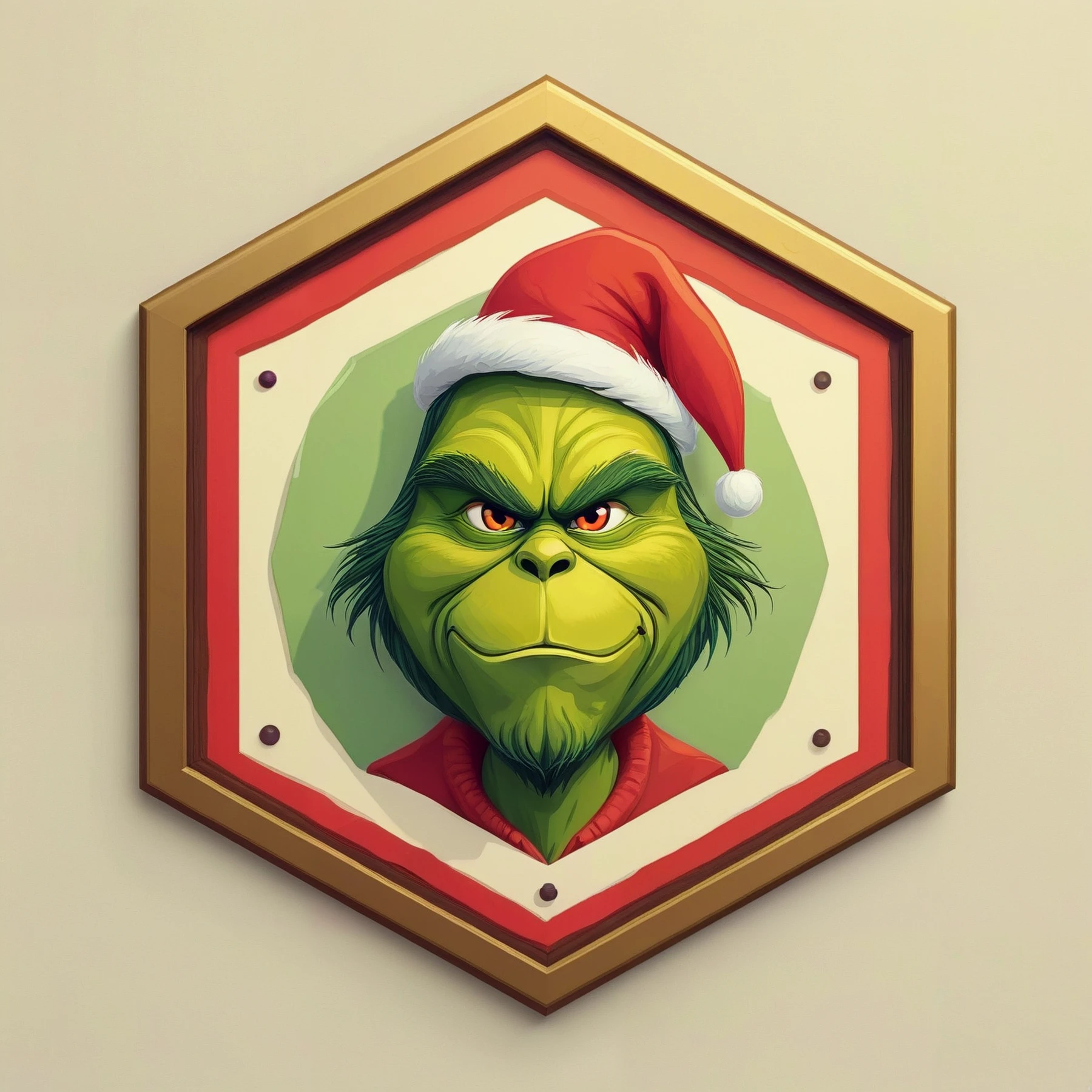 The Grinch,

inside a hexagonal badge.

<lora:HexBadge01_CE_SDXL_64x32x180x2bOT:0.8> hxbdgCE style