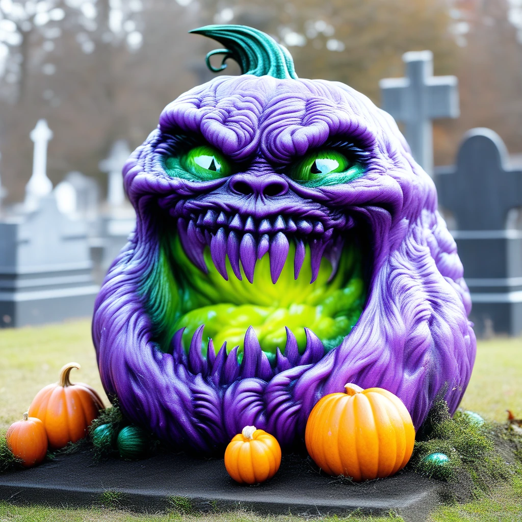 pumpkin monster carving green and purple in a graveyard