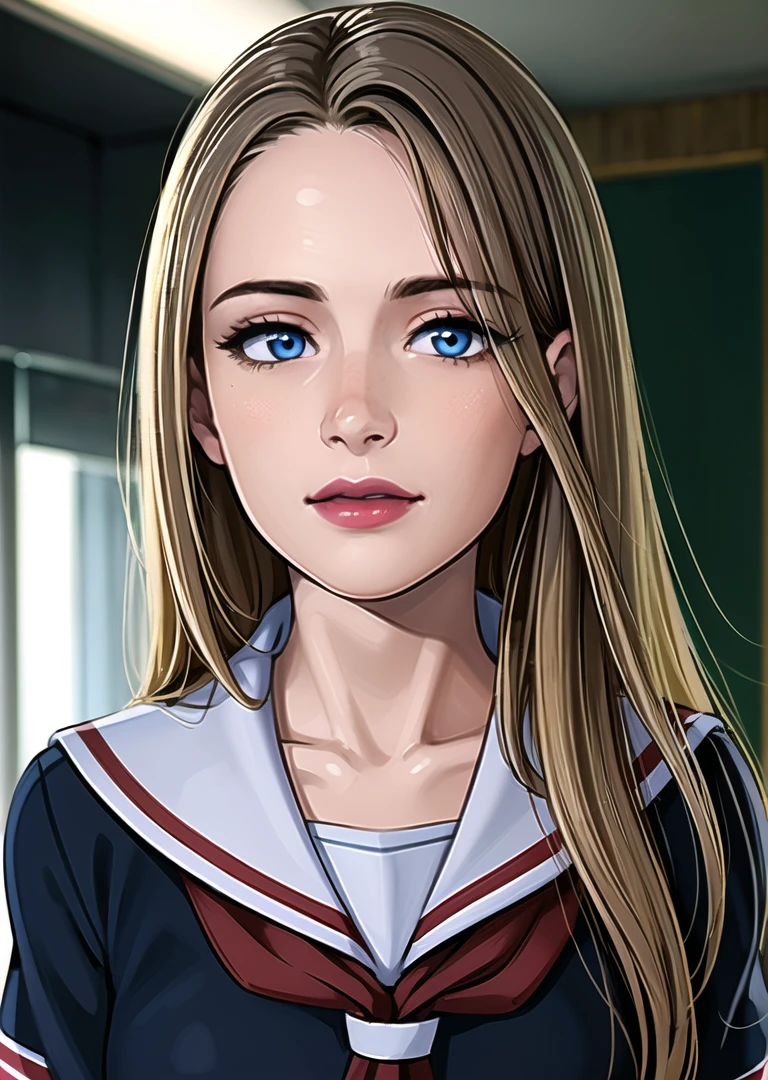 1girl,solo,long hair,blonde hair,blue eyes,nose,(closed mouth),lipstick,(school uniform),indoors,school uniform,windows,reflection,((glowing)),(blurry),simple background,portrait,Highly detailed,(ultra-detailed),(best quality,masterpiece:1.5),<lora:Kyler Quinn:0.65>,