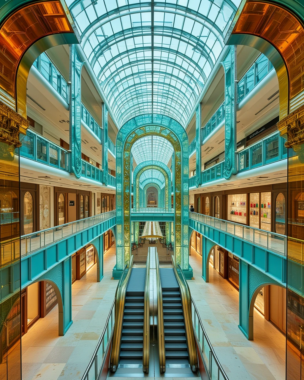 glassbarbylaushine,super wide shot,a massive huge shopping mall interior,which is opulent and ornate and multi-leved,an escalator in the center,connecting many translucent turquoise glass corridors 