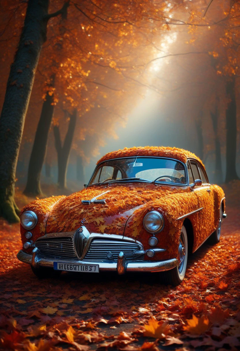 Magical Autumn, best quality, reality-shot, realism, realistic photography of a beautiful car in an magical wonderland, intricate details