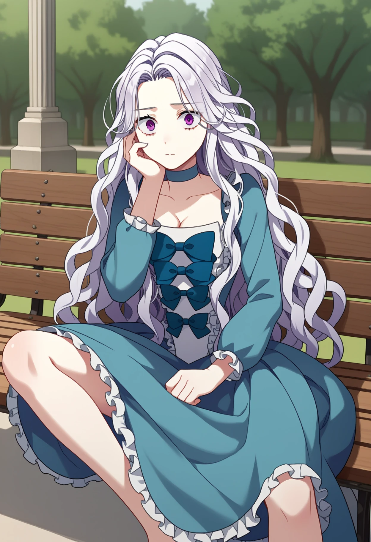 score_9, score_8_up, score_7_up, source_anime, 
BREAK
1girl, solo, <lora:shiAbiMomV1:0.9>,
shiabidef, vnstyle,
white hair, purple eyes, long hair, wavy hair, very long hair, 
blue dress, frilled dress, frilled sleeves, long sleeves, 
blue choker, blue bow, cleavage, long dress, 
looking at viewer, expressionless, 
outdoors, park bench, spread legs, worried,  sitting, hand on own face,