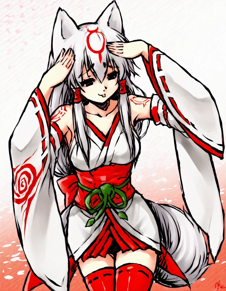 <lora:AmaterasuGijinka:0.8> 0kam14m4ter4su, 1girl, solo, personification, wolf ears, animal ears, long hair, japanese clothes, tattoo, breasts, white hair, black eyes, thighhighs, miko, detached sleeves, bare shoulders, tail
 <lora:AhEtoBlehMeme_pdxl_Incrs_v1:1> AhEtoBlehMeme, closed eyes, tongue out, :p, hands on own head, smile