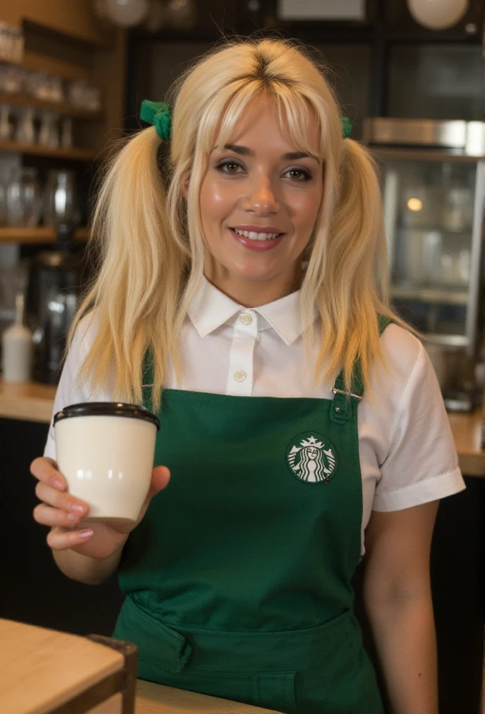 Zabou is a blond woman with twintails is wearing a starbucks uniform and serving coffee in a starbucks<lora:Zabou:0.9>