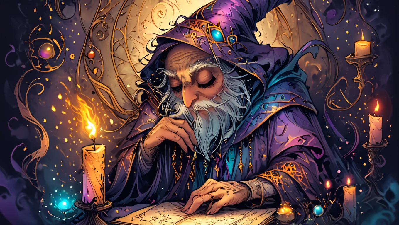 wise old wizard, mystical symbols, detailed scrolls, rich colors, soft focus, candlelit glow, magical aura, hand-drawn illustration  <lora:artfullySTORYBOOK:1>, artstrybk,