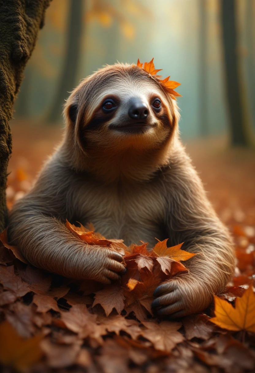 Magical Autumn, best quality, reality-shot, realism, realistic portrait photography of a beautiful sloth in an magical wonderland, intricate details