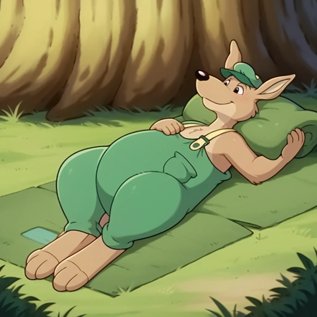 score_9, score_8_up, score_7_up, score_6_up, score_5_up, score_4_up, source_furry,Splodgebb, young anthro, male, kangaroo, tan fur, solo, 1boy,  forest, full body, lying, taking a nap, green cap, green overalls with suspenders, <lora:996a62a7-d042-4d2b-af3b-14b417492a5d:0.7>