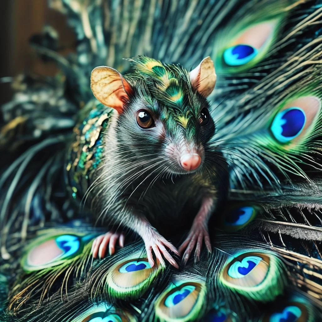 pavolaris rat with peacock feathers, professional  photo, expressive, detailed, sharpened, cinematic<lora:pavolaris:1>