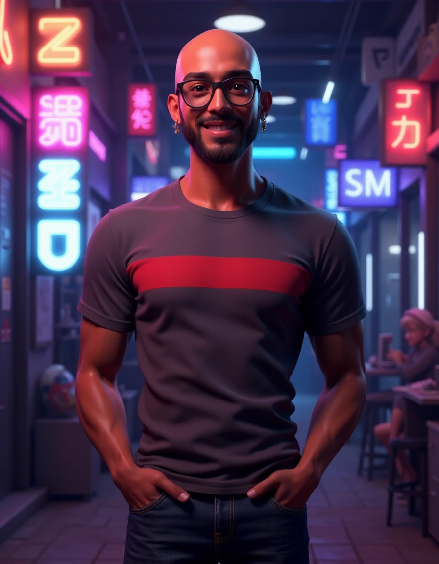 professional 3d model posing,smile,<lora:Cyber_Room:1>, futuristic, detailed, artwork, neon, neon-lit, eclectic, rendering, aesthetic, urban, ultra-modern, <lora:Gandhi_Clone_High:1>, 1boy, tanned skin, bald, beard stubble, black eyes, grey t-shirt with red stripe, jeans, round glasses, single earring,skinny . octane render, highly detailed, volumetric, dramatic lighting