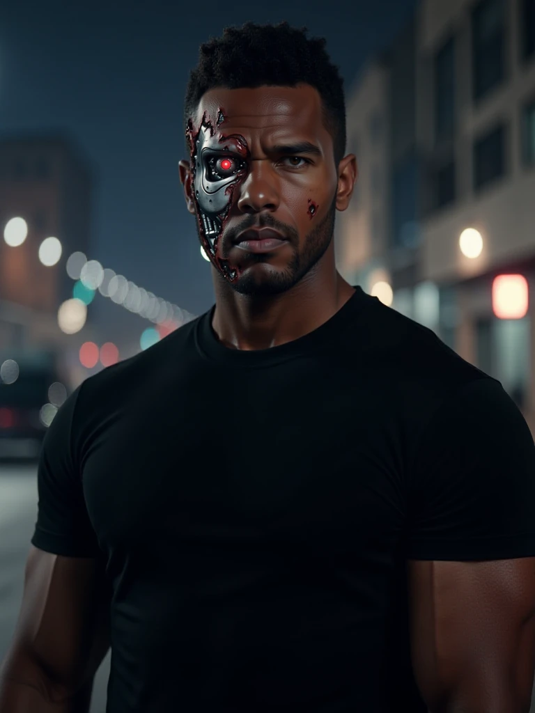 ((TerminatorBattleDamage)), a muscular (((black african american man))) with short hair and facial hair, and ((with facial battle damage consisting of torn flesh and blood and gore that reveals a terminator robot endoskeleton and red robot eye)), he wears a black t-shirt, he looks into the camera with a serious facial expression, the image background is a dark city street at night with dim lighting and dynamic lighting that evokes a foreboding atmosphere, the style of the image is a gritty science fiction thriller scene with intricate and in-depth detail, <lora:Hyper-FLUX.1-dev-8steps-lora:0.125>, <lora:TerminatorBattleDamage_Flux-000006:1>