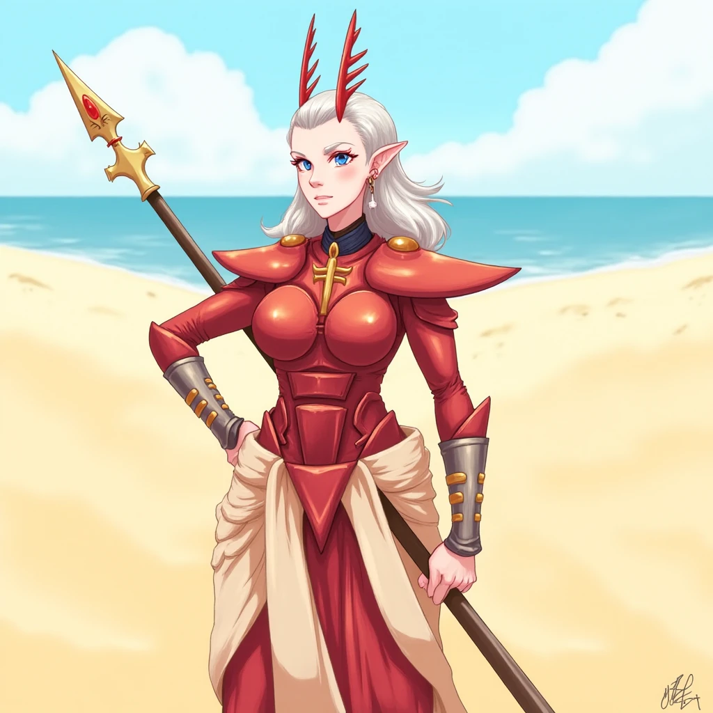 aedlari, asuryani, standart aeldari, aeldari's armor, 1girl, armor, beach, breasts, desert, full_body, hand_on_hip, holding, holding_weapon, looking_at_viewer, medium_breasts, outdoors, pauldrons, pointy_ears, polearm, sand, shoulder_armor, solo, spear, staff, standing, weapon, white_hair