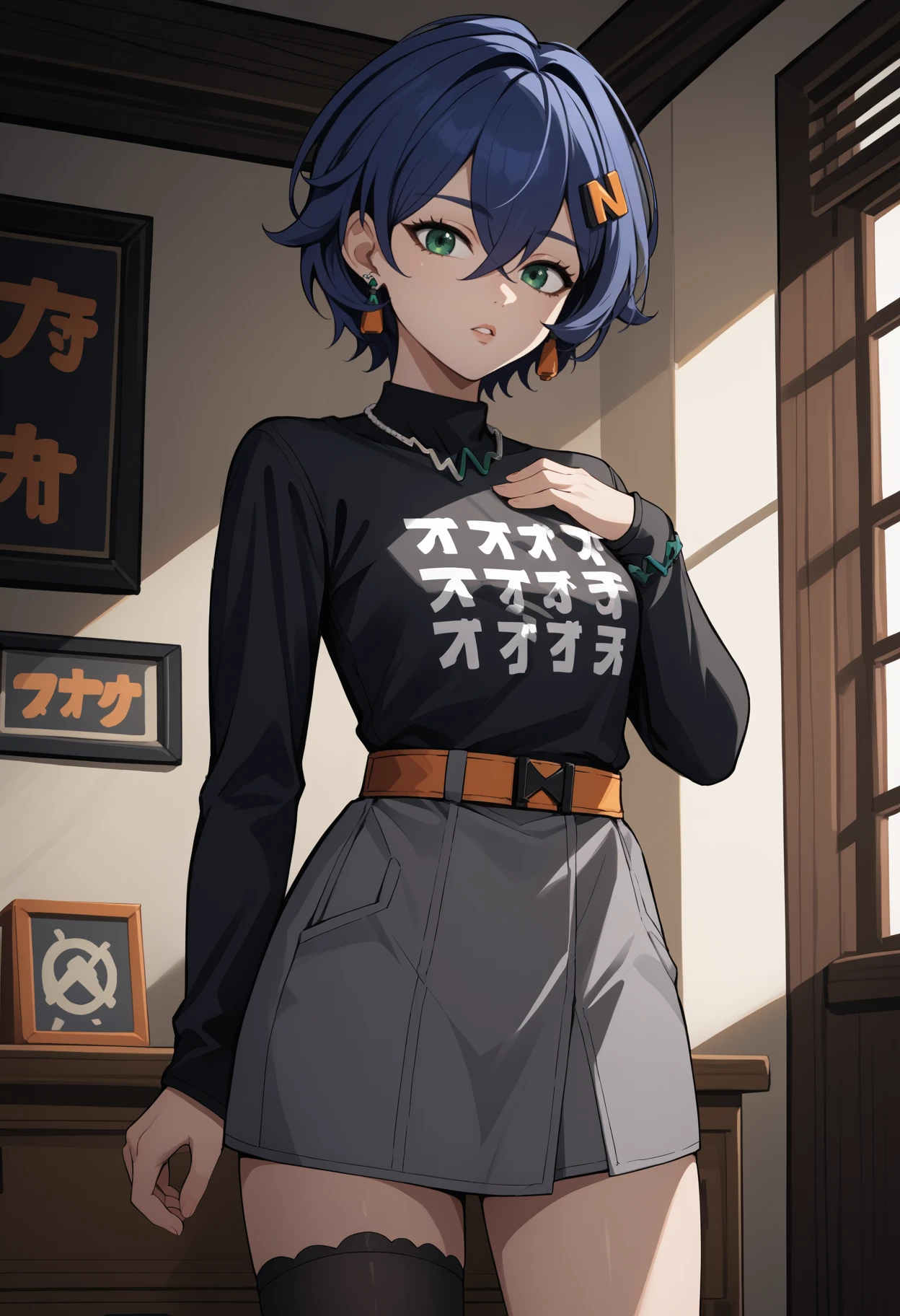 score_9, score_8_up, score_7_up, source_anime, <break> solo, 1girl, zzzb3lle, parted lips, looking at you, standing, hand on own chest, short hair, blue hair, crossed bangs, hair ornament, hairclip, green eyes, black shirt, clothes writing, long sleeves, grey skirt, orange belt, black thighhighs, single thighhigh, earrings, necklace, indoors
<segment:yolo-face_yolov8m.pt,0.4,0.5//cid=1>