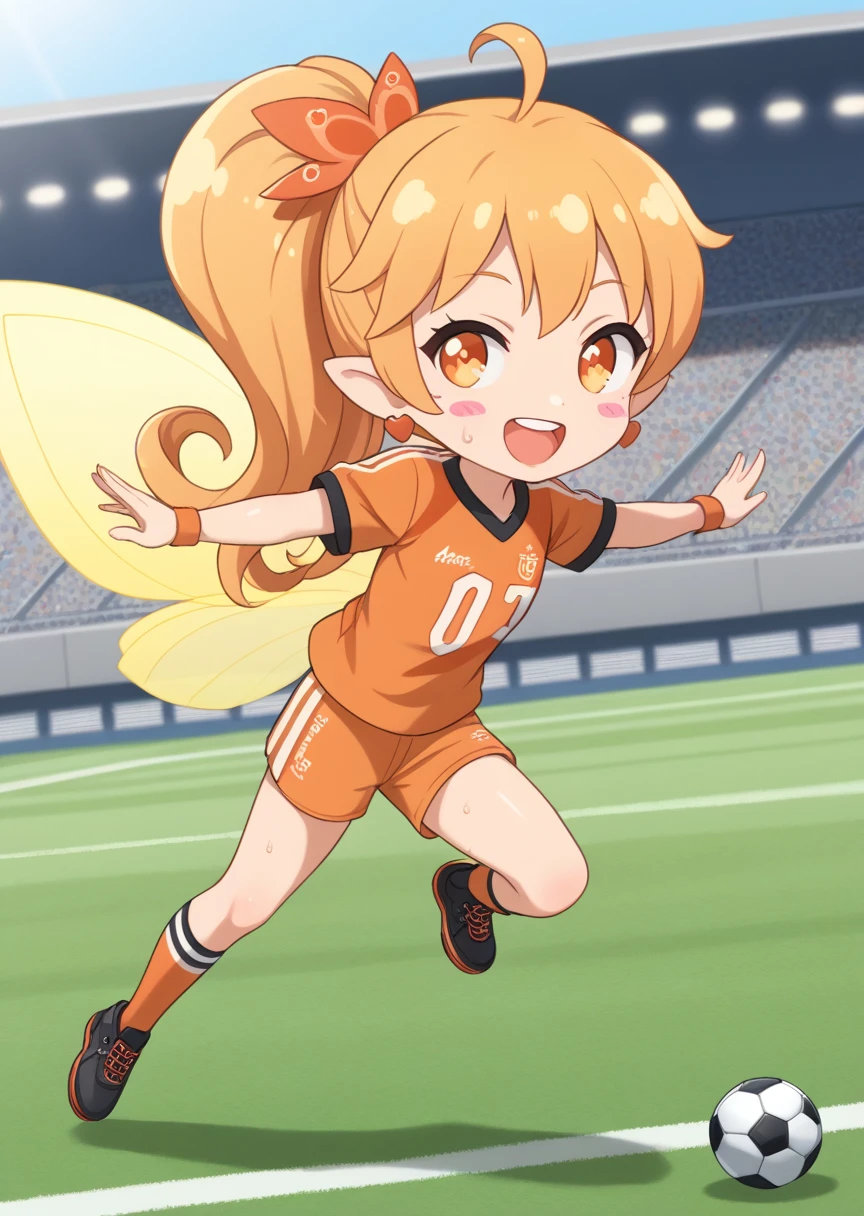 score_9, score_8_up, score_7_up, score_6_up, source anime, BREAK
Himawari, human, female, 1girl, solo, ,kicking soccer ball, long hair, looking at viewer, smile, open mouth, blonde hair, jewelry, full body, ahoge, :d, earrings, wings, teeth, pointy ears, chibi, orange hair, orange eyes, blush stickers, fairy wings, fairy, ponytail, soccer uniform, , soccer field, running, heavy sweat,