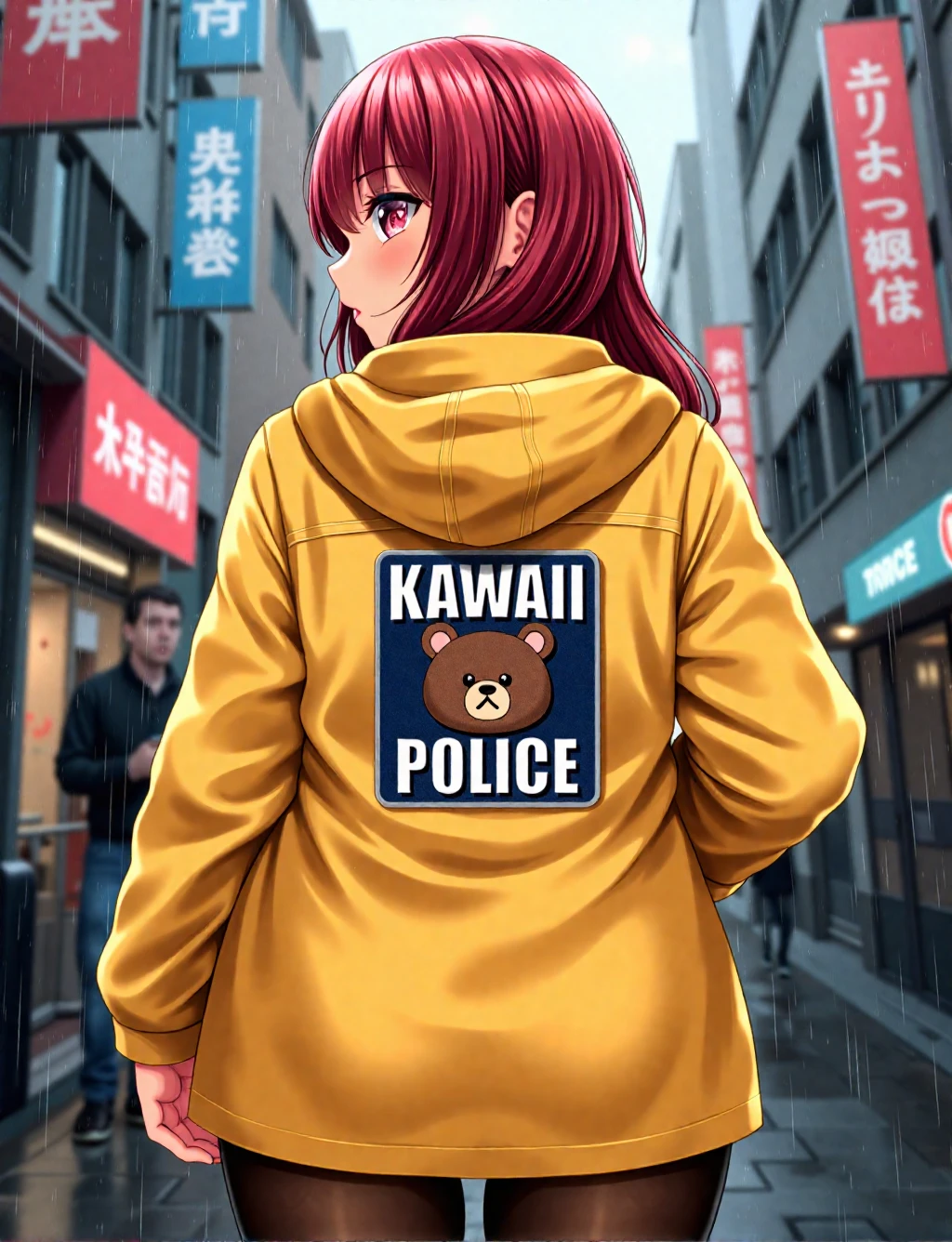 kase daiki.
Text  Patch: "KAWAII POLICE". Text and logo bear.
a picture from the bottom from the back. a woman with red hair standing against the background of a rainy street.  She's wearing a bright yellow raincoat and tights. Text  Patch: Kawaii POLICE.
black logo: cute bear's head
 <lora:kase-daiki-2:0.9>