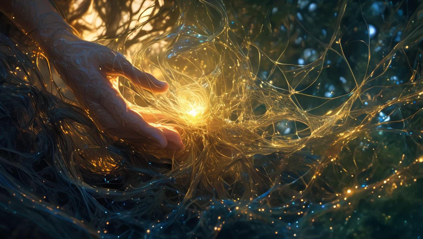 delicate threads of light, figure in meditation, swirling energies, tranquil forest, golden hour lighting, high detail, macro shot  <lora:artfullyTOL:1>, arttl, masterpiece, (figure, soul),