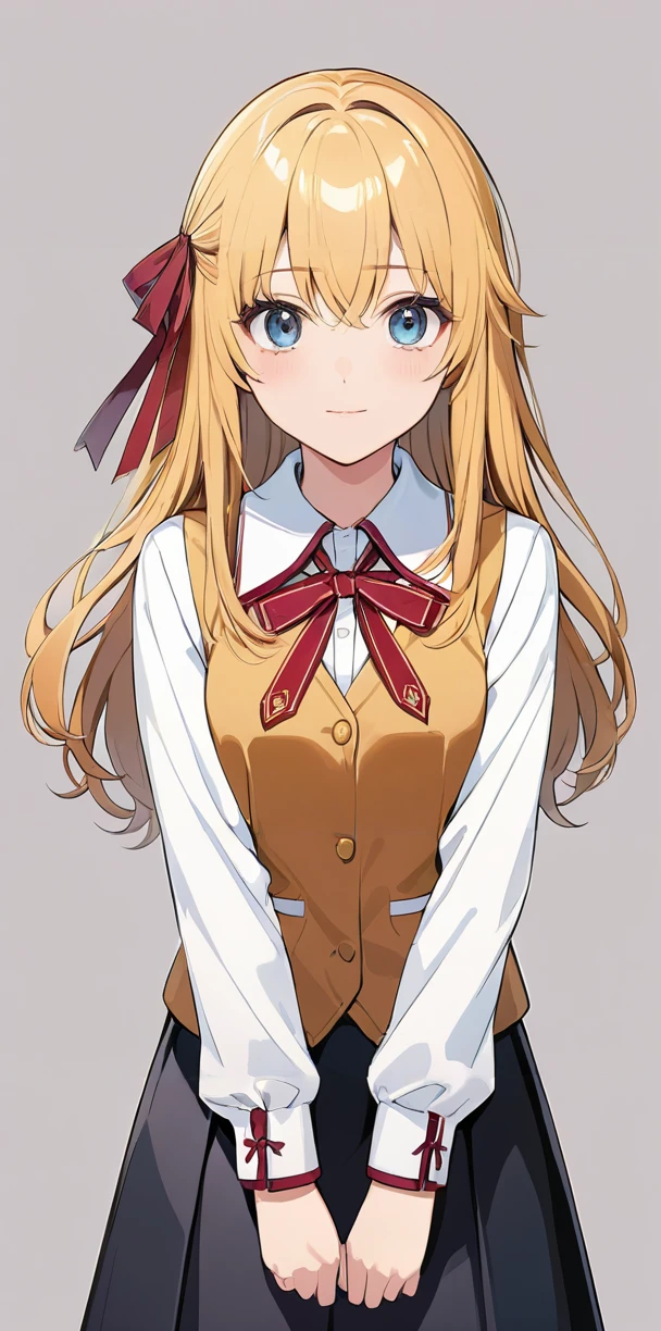 masterpiece,ultra-detailed,best quality,8K,illustration,cute face,clean skin ,shiny hair,girl,ultra-detailed-eyes,simple background, <lora:add-detail-xl:1> <lora:homurahara academy school uniform_XL_V1.0:1> homurahara academy school uniform, red ribbon, vest, skirt