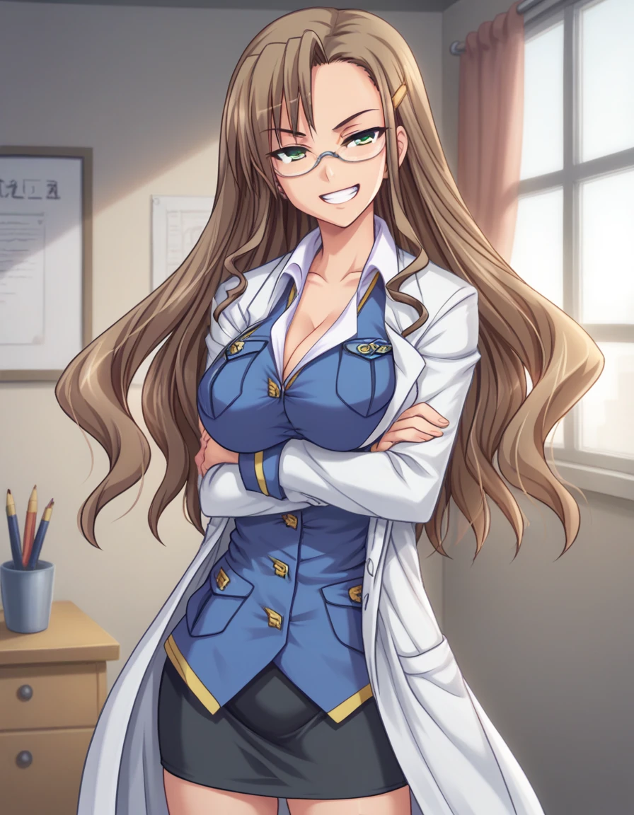 score_9, score_8_up, score_7_up BREAK 1girl, solo, suruga hazumi, brown hair, long hair, green eyes, glasses, large breasts, narrowed eyes, grin, lab coat, blue uniform, military uniform, pencil skirt, black skirt, crossed arms, arms under breasts, front view, cowboy shot, indoors, window <lora:suruga_hazumi_patvessel_pdxl_v0_he:0.8>