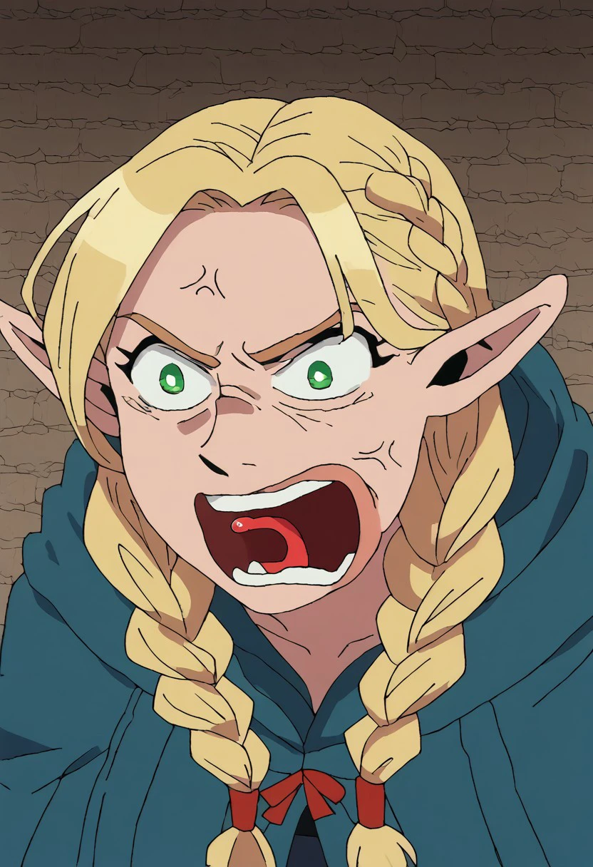 score_9, score_8_up, score_7_up, portrait, 1  girl, solo focus, PepeREEEEEEEEEEEEE, Enragedpepe, solo, tongue, open mouth, anger vein, angry, marcille donato, long hair, blonde hair, green eyes, braid, pointy ears, twin braids, elf, bright pupils, parted bangs,