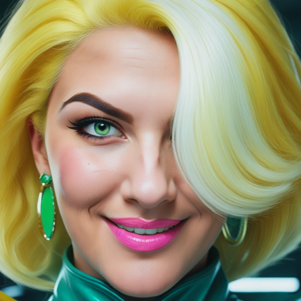 doctorblight, portrait, face, close up portrait, (computers in background), realistic, smooth, high details, masterpiece, 4k, smile, (blonde hair), (blonde hair with a white streak), (pink lips), (green eyes), sexy, woman, (pink jumpsuit), (tight pink jumpsuit with yellow elements), (turquoise collar), (yellow zipper), (confident), (black eyebrows), (turquoise seams), (hair over one eye), (green earrings), (skin tight pink jumpsuit)