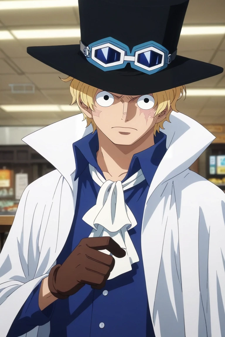 score_9, score_8_up, score_7_up, , rating_safe, , anime screencap, , , , depth of field, 1boy, solo, male focus, <lora:sabo_one_piece_pony:0.84>, sabo_one_piece, blonde hair, black eyes, short hair, scar across eye, bandaid on face, goggles on headwear, top hat, brown gloves, black headwear, white ascot, coat, blue shirt, focused, restaurant, day, standing, wavy mouth, closed mouth, , <lora:sdxl_lightning_8step_lora:1>