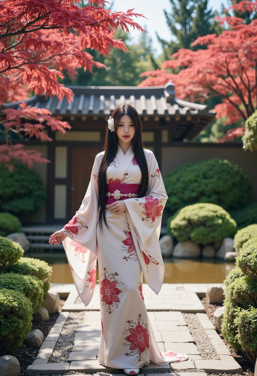 W0ny0ung stands gracefully in a serene traditional Japanese garden, surrounded by lush greenery and vibrant red maple trees. She wears an elegant kimono with intricate floral patterns, the soft fabric flowing as she moves. A stone path leads to a tranquil koi pond and a wooden teahouse in the background, with delicate cherry blossoms falling around her, capturing the peaceful beauty of the Japanese setting.