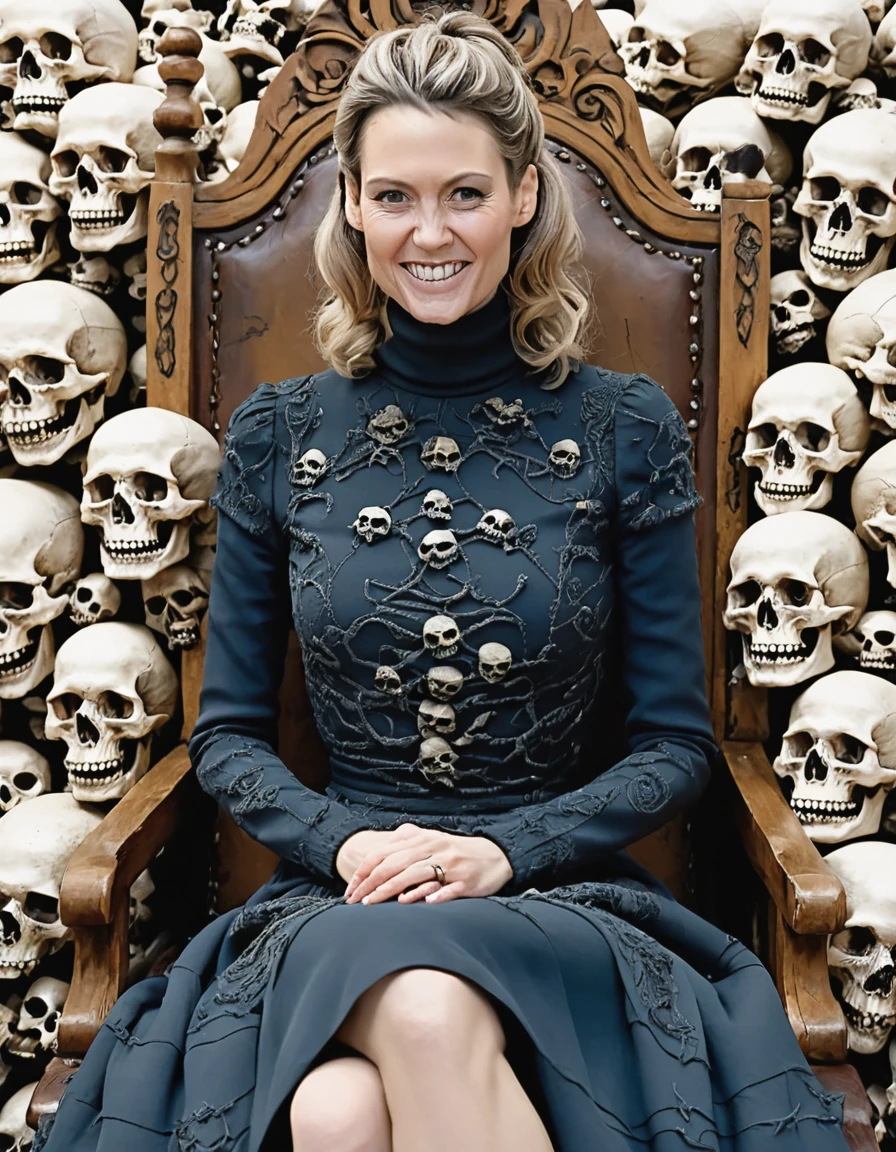 a professional absurdres sharp-focus intricately detailed photograph of Lauriane_Gilliéron with a creepy grin, 
cute hair, intricately stitched turtleneck long dress, looking at the viewer,
sitting on a throne of skulls,
<lora:Lauriane_Gilliéron-SDXL:1>