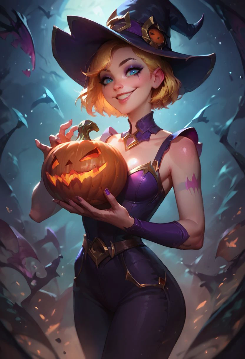 score_9, score_8_up, score_7_up, score_6_up, score_5_up, score_4_up, 1girl, solo, wearing purple top,  lip gloss, eye shadow, smile, portrait, close-up, holding pumpkin,  <lora:ArtStyle_Bewitching_Fantasy:0.7> b3w1tch, witch hat, golden details, <lora:GwenTennysonPonyXL:0.9> Gwen Tennyson