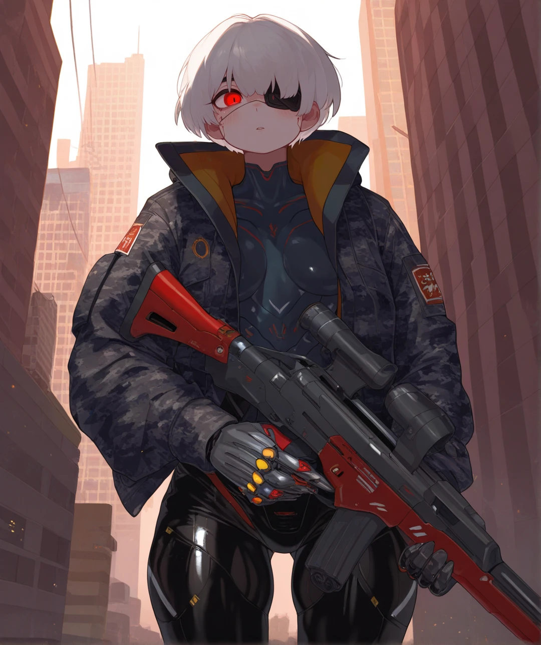 masterpiece, best quality, very aesthetic,gloss, source_anime,outdoors, city, cyberpunk
BREAK
1girl,white hair, short hair,red eyes, looking at viewer,empty eyes,glowing eyes,mechanical eye,eyepatch,mechanical arms, mechanical legs, mechanical parts, cyborg, robot, android, standing,black bodysuit, camo print jacket, holding weapon, assault rifle,leather pants,
<lora:yunimaru_ill-fandango:0.7>