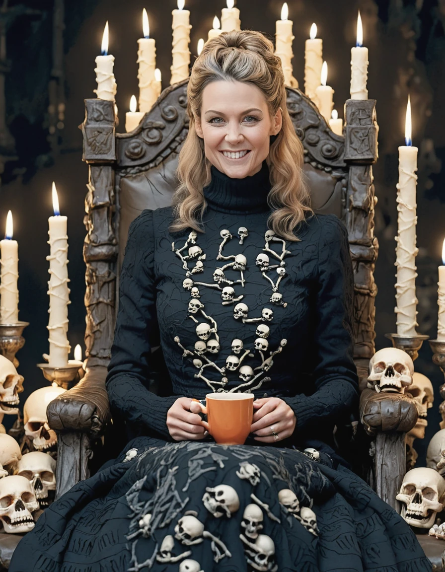 a professional absurdres sharp-focus intricately detailed photograph of Lauriane_Gilliéron with a creepy grin, 
cute hair, intricately stitched turtleneck long dress, looking at the viewer,
sitting on a throne of skulls with tea candles in the eye sockets,
<lora:Lauriane_Gilliéron-SDXL:1>