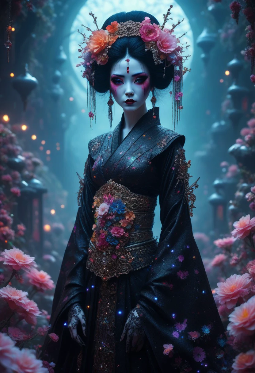 Stunning Beauty, A professional photography of a gothic geisha with whimsical elements, surrounded by an magical and eerie fairytale landscape with sparkling crystals and colorful flowers, awesome appearence, fantastic cyberpunk art concept, intricate details, trending on artstation, masterpiece, 8k