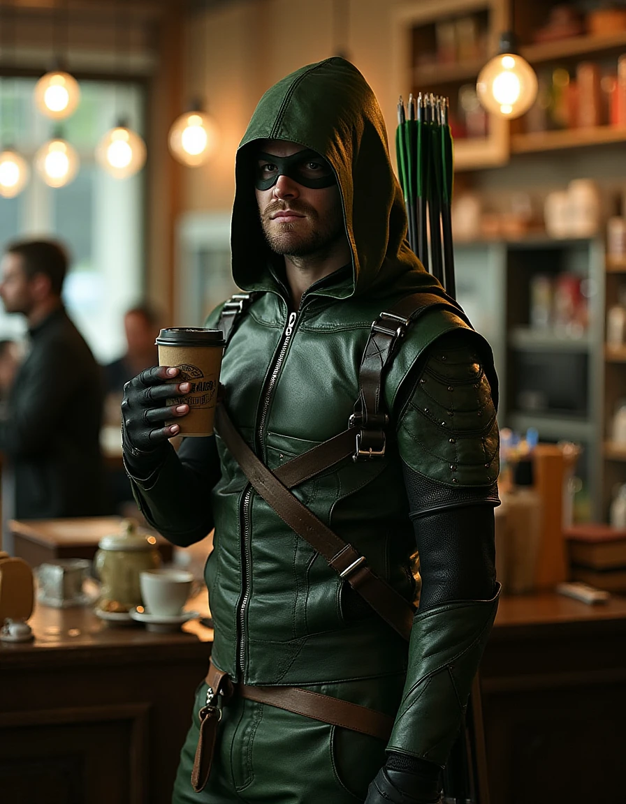 <lora:Arrow_Flux:1> Archer green hooded leather armor, domino mask, holding a compound bow. Standing in a cafe having a coffee.