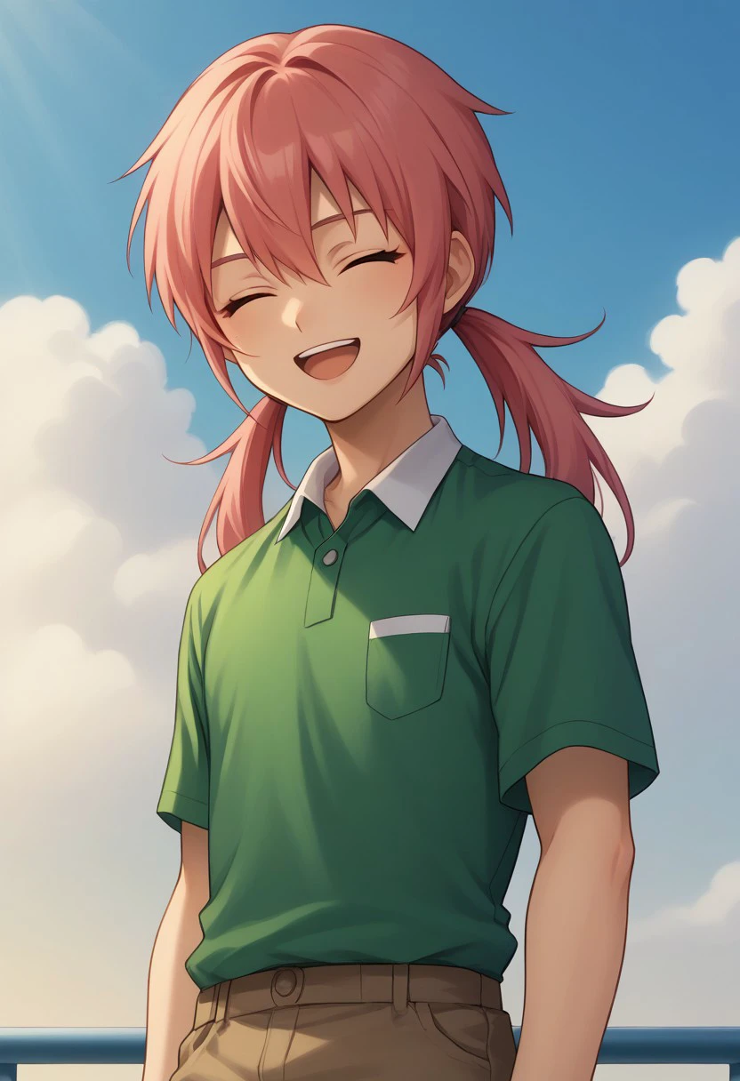 score_9, score_8_up, score_7_up, source_anime, highly detailed, 
kirino, 1boy, male focus, solo, 1boy, male focus, solo, pink hair, twintails, long hair, closed eyes, shirt, polo shirt, green shirt, brown pants, upper body, smile, open mouth
outdoor, sky, cloud