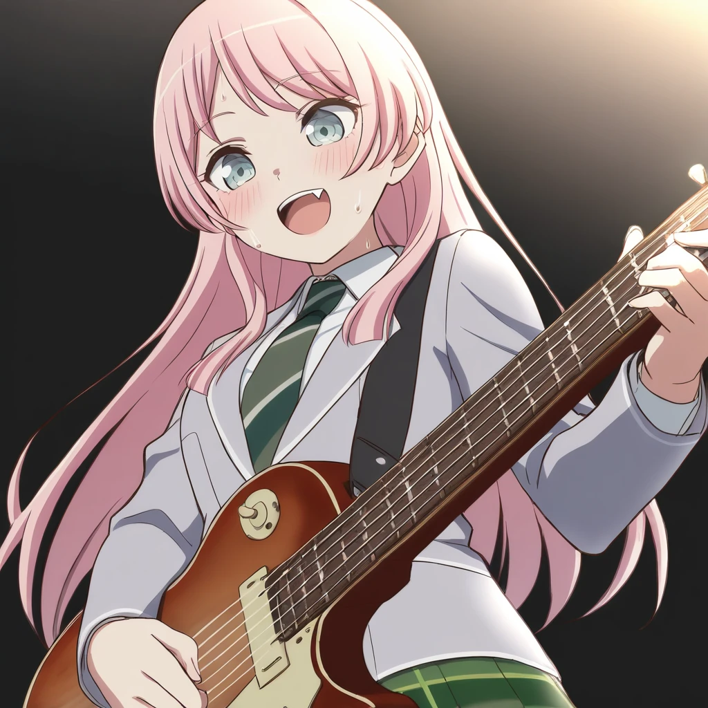 chihaya anon, 1girl, solo, haneoka school uniform, green plaid pleated skirt, grey blazer, long sleeves, white shirt, green diagonal-striped necktie, <lora:chihaya_anon_IlluXL:0.8>, guitar, playing instrument, sweat, happy, looking down, dark background, upper teeth only, fang, blush, back lighting,, best quality, masterpiece,highres,