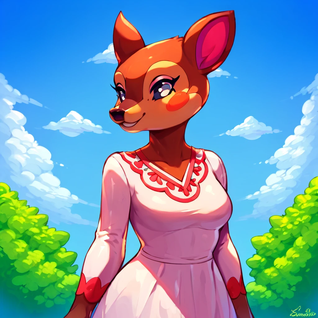 score_9_up, score_8_up, score_7_up, score_6_up, fauna \(animal crossing\), deer, anthro, white dress, brown fur, furry, smile, cowboy shot, pretty, beautiful, island background, medium breasts, upper body