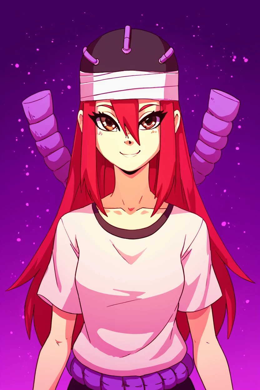 score_9, score_8_up, score_8, medium breasts, (curvy), cute, eyelashes,       BREAK, ,  ,,, <lora:TayuyaNaruto_PDXL_v3:1>, zzTayuya, brown eyes, long hair, red hair, hair between eyes, headwear,  purple rope, short sleeves, shirt, collarbone, ,,,  , BREAK, smile, looking at viewer, cowboy shot, ,,, embedding:zPDXL, <lora:DiivesP1:0.7>,