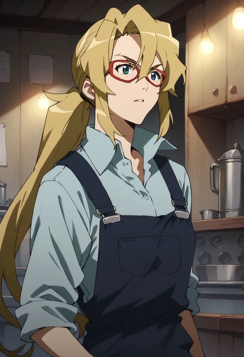 Score_9_up, score_8_up, score_7_up, score_6_up, BREAK 1girl, solo, leyte, blonde, parted bangs, hair between eyes, ponytail, thick frame glasses, collared shirt, overalls,