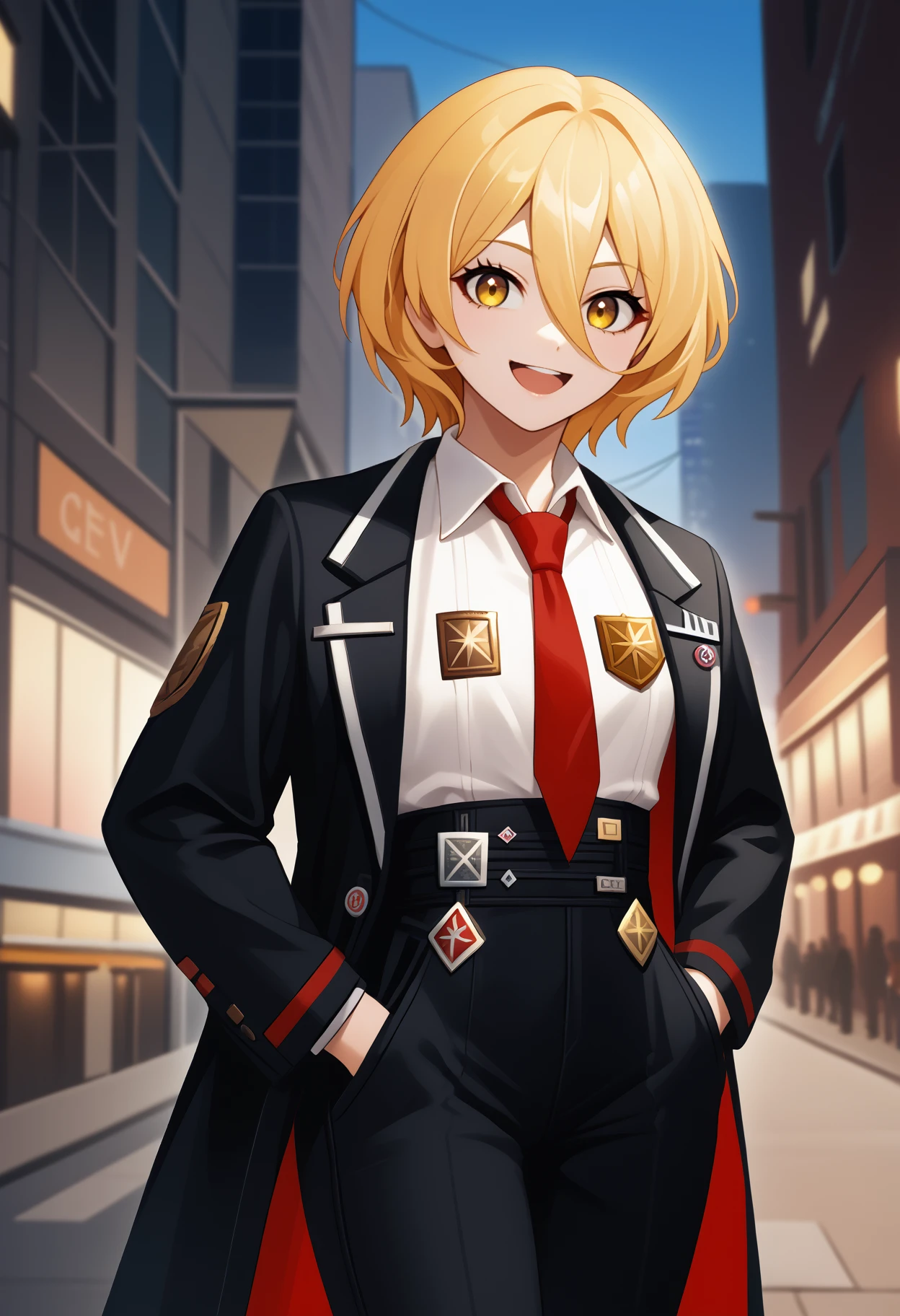 score_9, score_8_up, score_7_up, source_anime, <break> solo, 1girl, d0nquix0tedef, smile, open mouth, upper teeth, looking at you, standing, hand in pocket, short hair, blonde hair, hair between eyes, yellow eyes, black coat, open coat, badge, long sleeves, white shirt, collared shirt, red necktie, black pants, high-waist pants, outdoors, city
<segment:yolo-face_yolov8m.pt,0.4,0.5//cid=1>