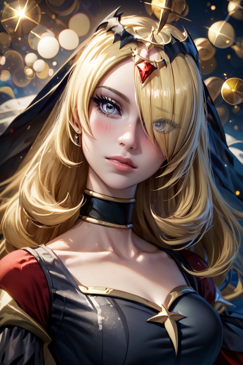 score_9, score_8_up, score_8, medium breasts, (curvy), cute, eyelashes,       BREAK, , ,,,  zzCynthiaRenegade, grey eyes, long hair, blonde hair, hair over one eye, hair ornament, official alternate costume,  black dress, black choker, veil, tiara, collarbone,  <lora:CynthiaRenegade_Pokemon_PDXL:1.0>,   ,,, , BREAK,  (ultra realistic,32k, masterpiece:1.2),(high detailed skin:1.1),( high quality:1.1), curvy, head tilt, hearts, blush, lips, closed mouth, curvy, head tilt, shiny clothes, (upper body), looking at viewer, bokeh, luminescent background, ,,, embedding:zPDXL, Expressiveh, ,,, <lora:RlAnmPDXL:1.0>,