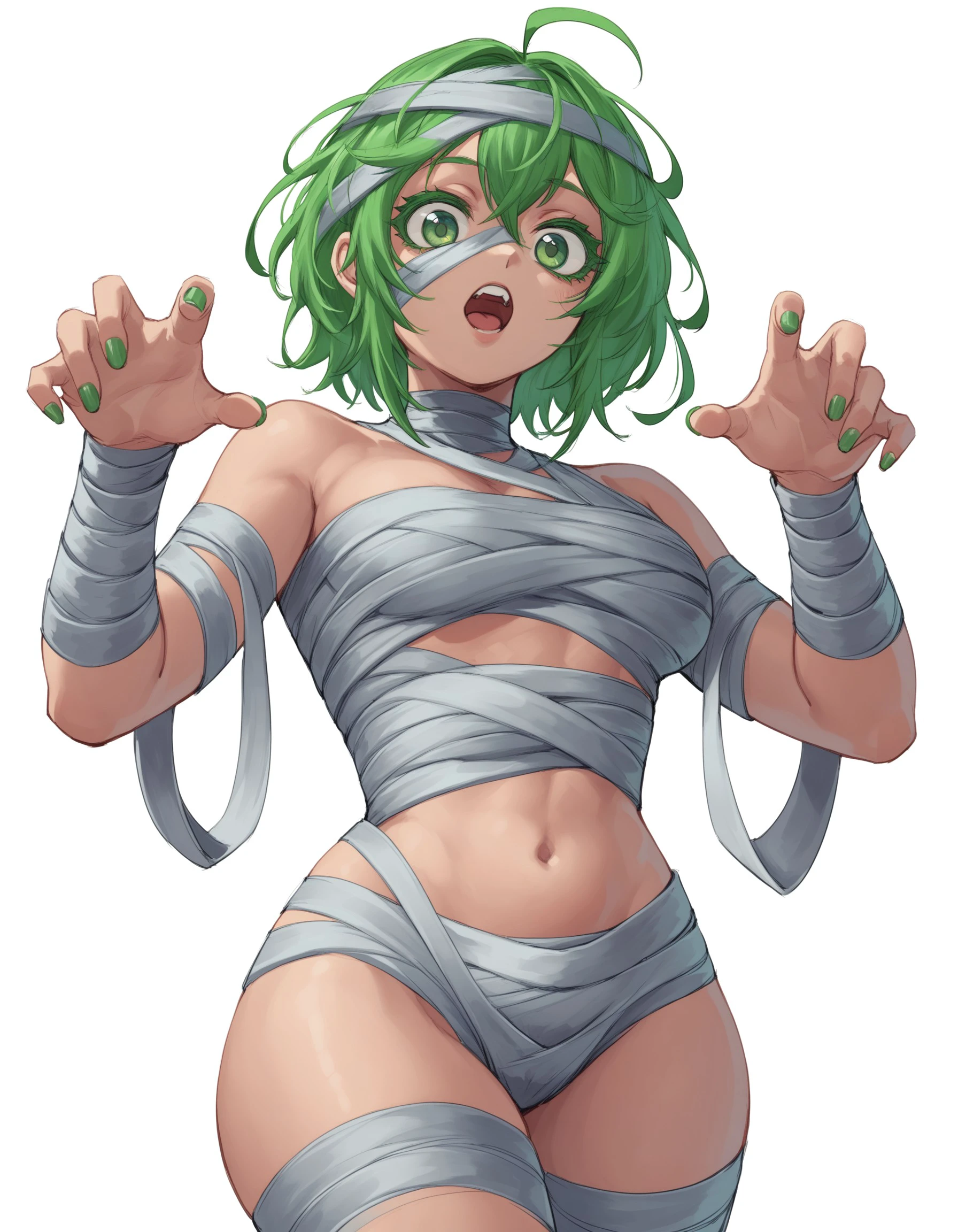 score_9, score_8_up, score_7_up, Mummy Costume, 1girl, solo, breasts, looking at viewer, open mouth, simple background, white background, navel, green eyes, ahoge, green hair, teeth, nail polish, bandages, mummy costume, <lora:bb7a741e-e59a-4724-b7ca-5e64bcb8cb49:0.7>