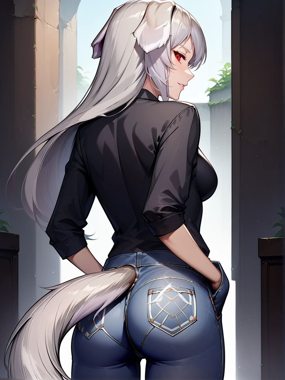 score_9, score_8_up, score_7_up, source_anime
1girl, solo,
pursena adoldia, red eyes, long hair, grey hair, dog ears, dog tail, short tail, medium breasts, perky breasts,
black shirt, denim, from behind, small ass, hands in pocket
underground tunnel
<lora:Expressive_H:0.2> <lora:housechores-guy-PONYv1:0.4>  <lora:pursena 0.1:1>