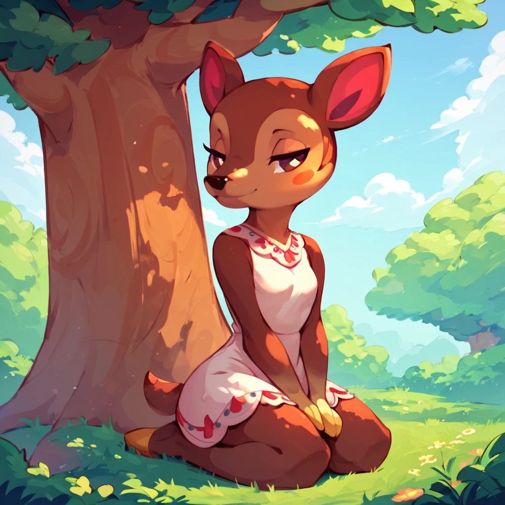 score_9_up, score_8_up, score_7_up, score_6_up, fauna \(animal crossing\), deer, 1girl, furry, white dress, brown fur, female, smile, sitting by tree, half-closed eyes, brown eyes, beautiful, outside, small breasts, full body, masterpiece, highest quality