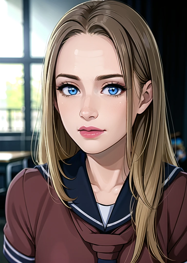 1girl,solo,long hair,blonde hair,blue eyes,nose,(closed mouth),lipstick,(school uniform),indoors,school uniform,windows,reflection,((glowing)),(blurry),simple background,portrait,Highly detailed,(ultra-detailed),(best quality,masterpiece:1.5),<lora:Kyler Quinn:0.65>,